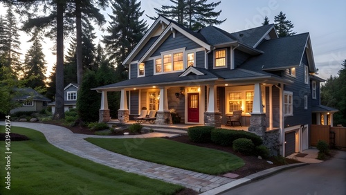 Cozy Modern Suburban Home Exterior at Dusk with Warm Lights and Landscaped Yard