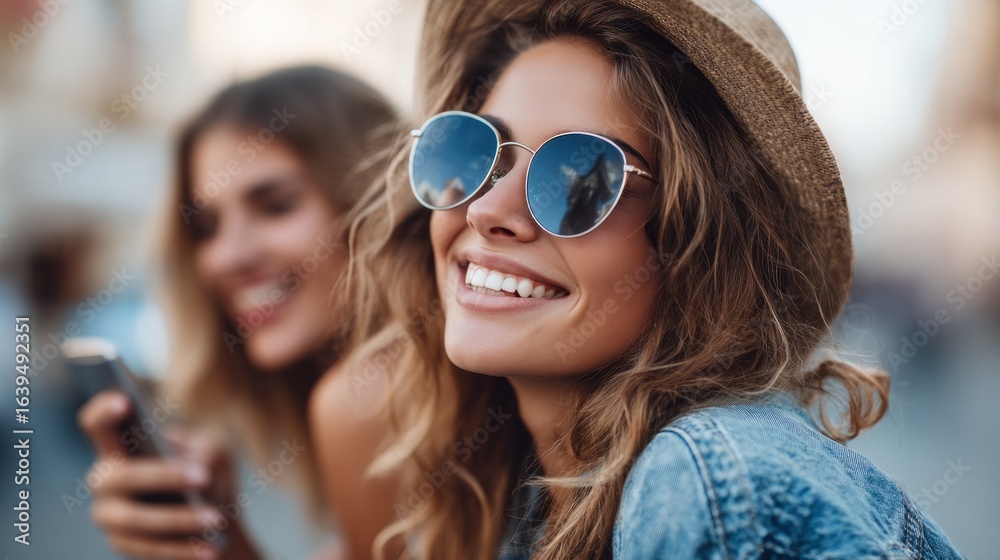 Two female friends smiling while enjoying a sunny outing in a city setting, radiating joy and friendship Two female friends smiling while enjoying a sunny outing in a city setting, radiating joy and friendship