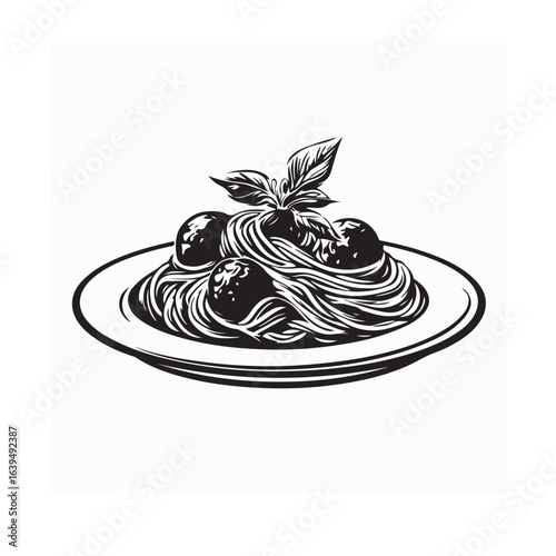 Delicious Spaghetti with Meatballs and Basil Vector Illustration of Italian Cuisine
