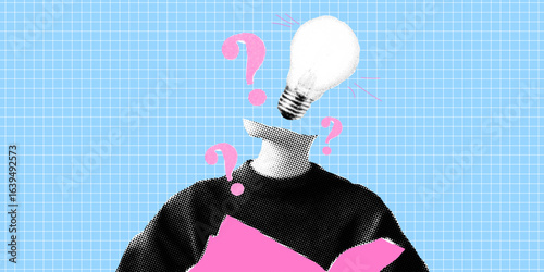 Lightbulb head with question marks pop art halftone collage