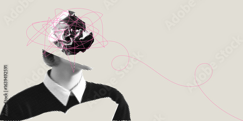 Person with tangled lines brain abstract pop art collage