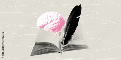Brain and feather quill on open book abstract collage