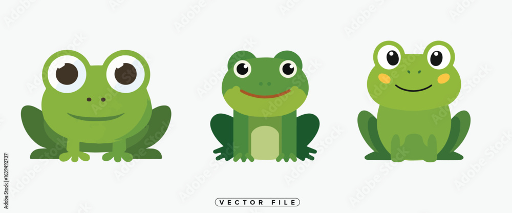 Fototapeta premium Set of five cartoon green frogs with different facial expressions and designs