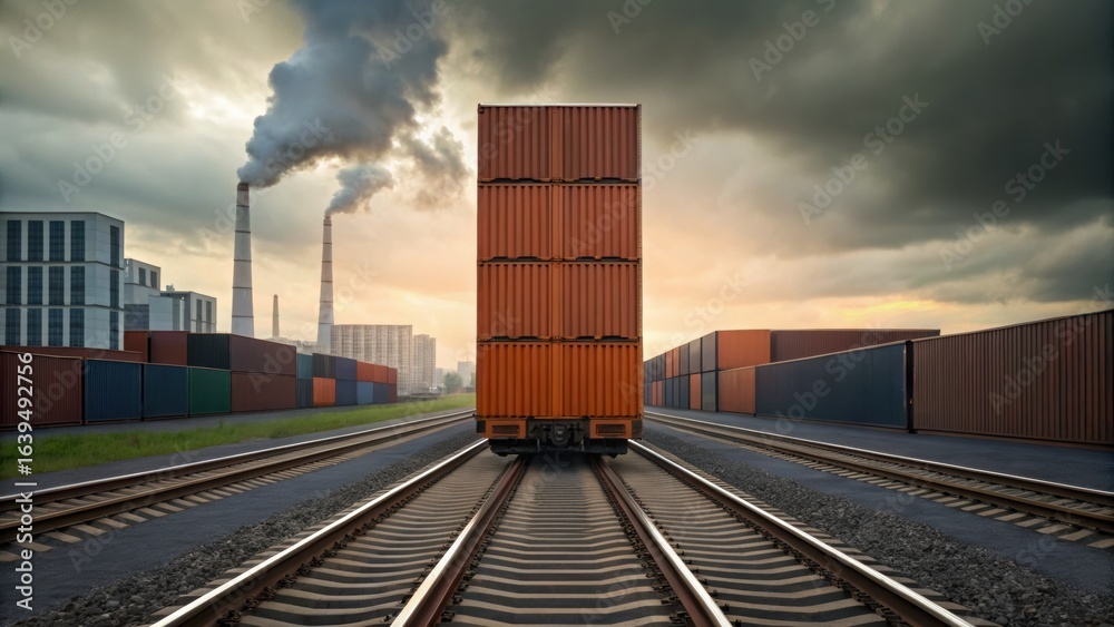 Fototapeta premium Freight train with stacked containers on tracks, set against an industrial backdrop with smoke rising from chimneys under a cloudy sky.