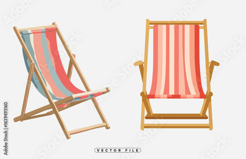 Colorful deck chairs in various positions and designs for summer relaxation