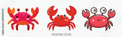 Collection of colorful cartoon crabs in various styles and designs for illustration