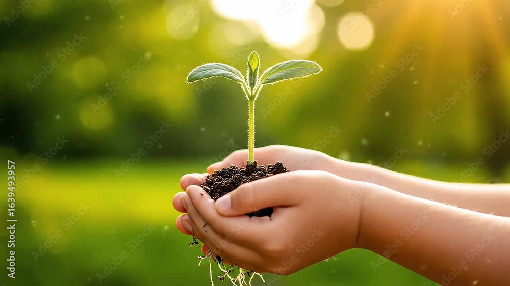 A sapling clutched in two pale hands with soil roots and green bokeh background A sapling clutched in two pale hands with soil roots and green bokeh background