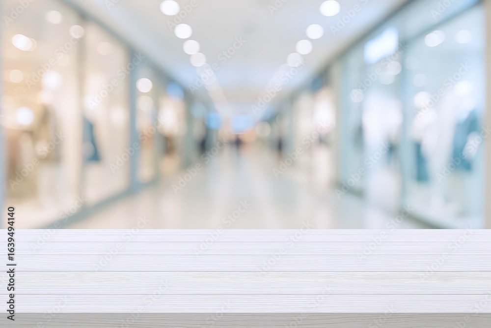 Fototapeta premium Empty White Wooden Table Surface in Front of a Blurred Shopping Mall Corridor with Soft Lighting