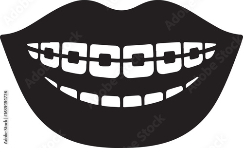 Lips with braces and smile silhouette vector icon for orthodontics, dental care, and confident expression.