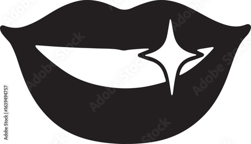Lips with tooth sparkle effect silhouette vector icon for dental care, beauty, and bright smile design.