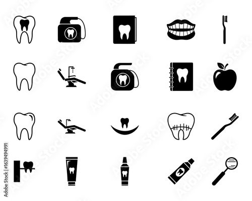 Black silhouette dental icon pack with tooth, chair, toothbrush, toothpaste, mouth, and x ray on white