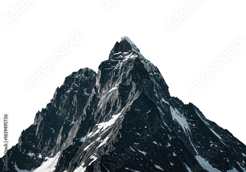 Sharp mountain peak with snow and rugged terrain isolated on transparent background