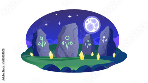 Stonehenge night landscape vector illustration with moon and stars for mystic background scenes design