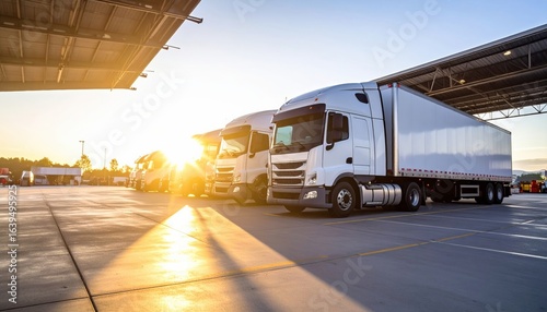 Trucks parked in logistics yard at sunrise with golden light reflecting on pavement