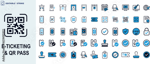 E-Ticketing and QR Pass Icon Set – Stylized Symbols for Mobile Tickets, Secure Access, Scanners, and Digital Verification