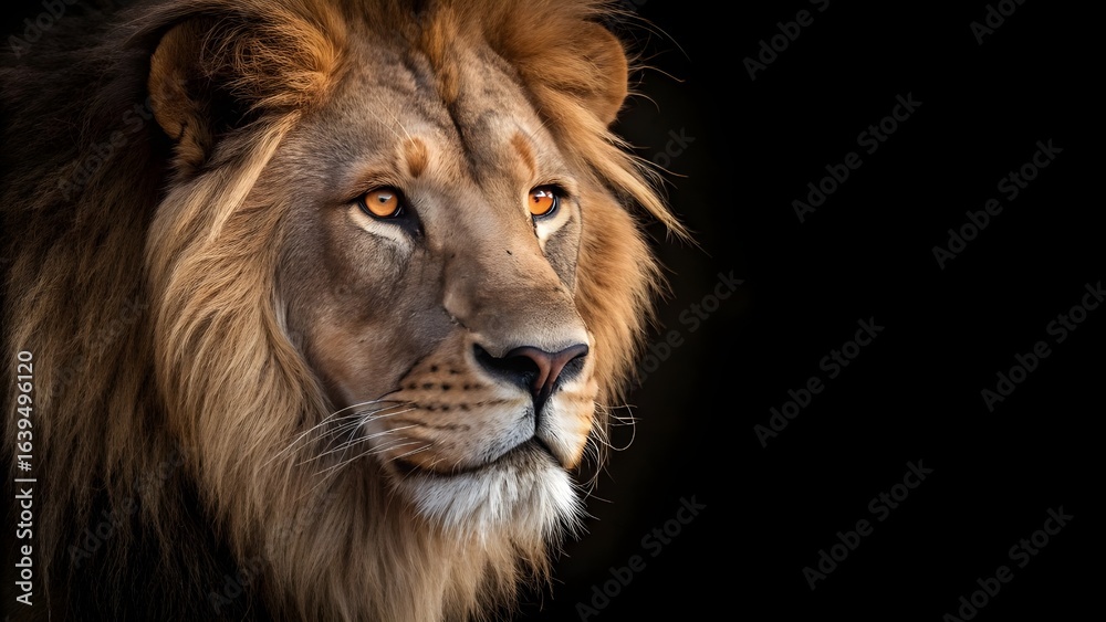 Obraz premium Majestic Male Lion Portrait with Golden Mane on Black Background