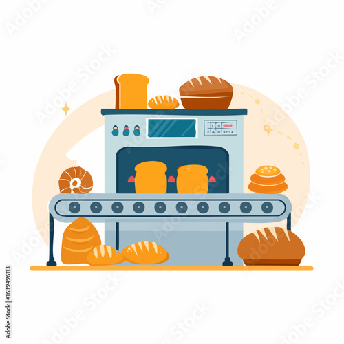 パン菓子製造工場のパンやクロワッサン生産ラインイラスト