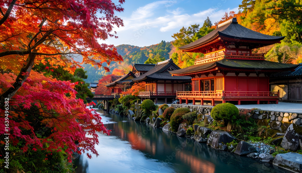 Fototapeta premium Autumn Temple with Japan, and Calm River.