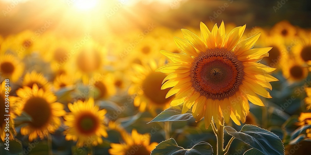 Fototapeta premium Romantic sunflower field with sun rays and big bouquet of sunflowers. blurred background. bouquet aside. bokeh.