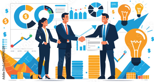 Illustration symbolizing a powerful joint venture with strong business partnership, collaboration, and innovative business strategy for long-term success. 