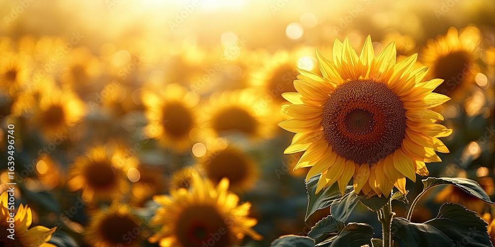 Fototapeta premium Romantic sunflower field with sun rays and big bouquet of sunflowers. blurred background. bouquet aside. bokeh.