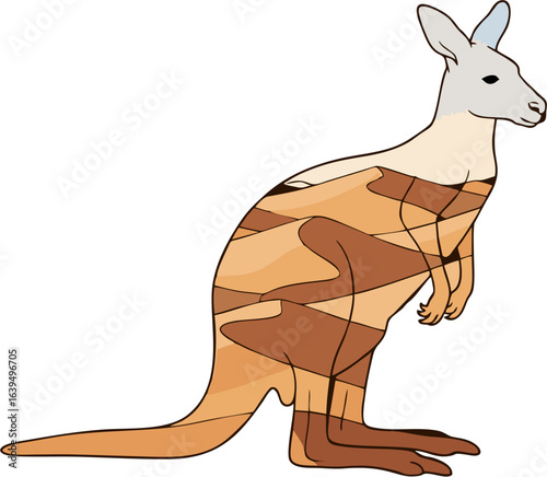 Vector illustration of a wild Australian kangaroo with a creative double exposure effect featuring an earthy, desert landscape pattern.