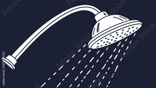 Illustrative shower head with flowing water for bathroom and hygiene related design elements and graphics