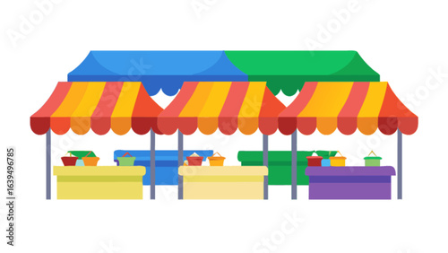 Illustration of a vibrant outdoor market with colorful stalls and awnings perfect for farmers market design