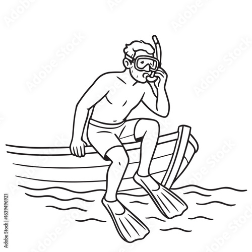 Vector illustration of a man sitting calmly on the edge of a boat, preparing for snorkeling, in black and white with bold black outlines.