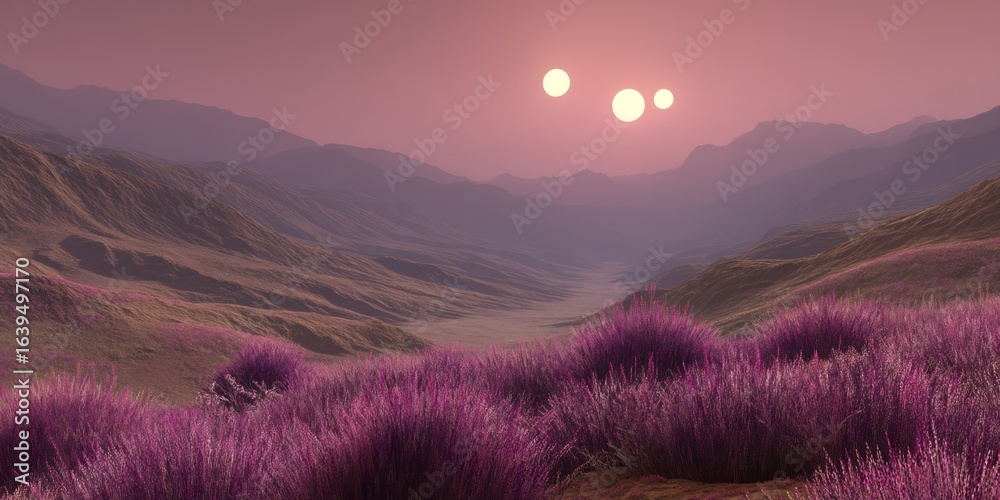 Obraz premium Alien world covered in lavender dunes beneath a sky of three suns