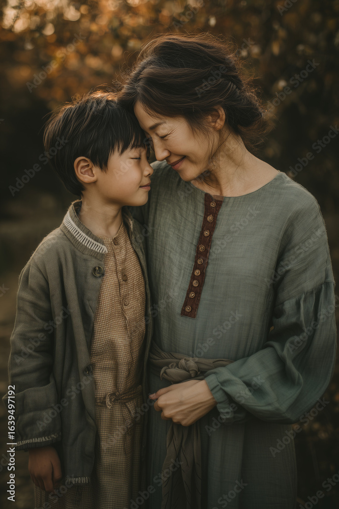 Fototapeta premium Mother embracing child with eyes closed under autumn leaves.