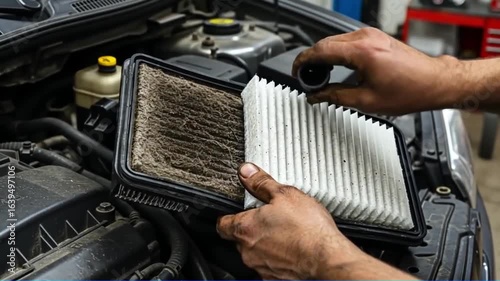 A person holds a dirty car air filter and a clean one