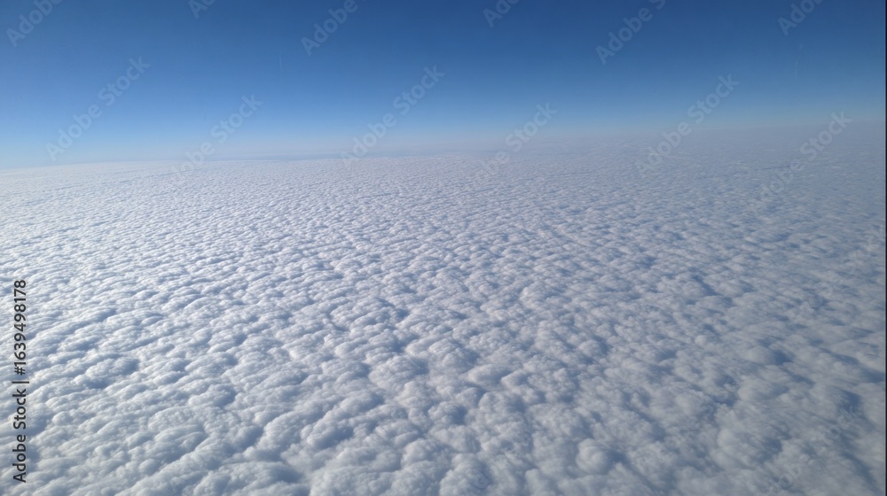 Fototapeta premium Vast white fluffy clouds spread across a bright blue sky from a top view perspective at high altitude