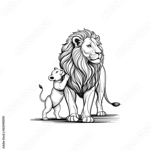 Majestic lion with cub in line art style family wildlife