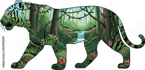 Double exposure illustration of a tiger silhouette with a vibrant jungle landscape, waterfall, and flowers inside.
