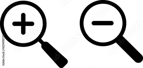  Search icon set. zoom in and zoom out icons.  search and investigation symbol. magnifier with plus and minus
