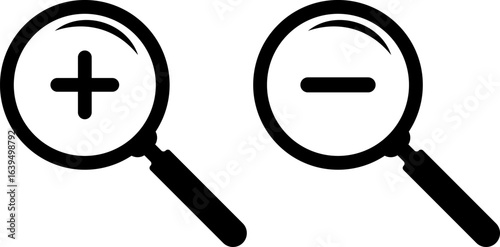  Search icon set. zoom in and zoom out icons.  search and investigation symbol. magnifier with plus and minus