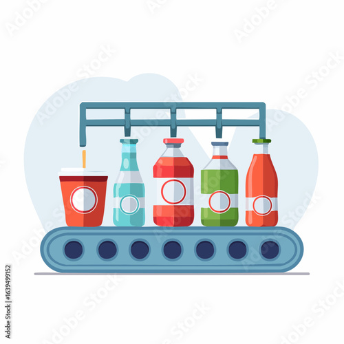清涼飲料製造工場のペットボトルや缶ジュース生産ラインイラスト