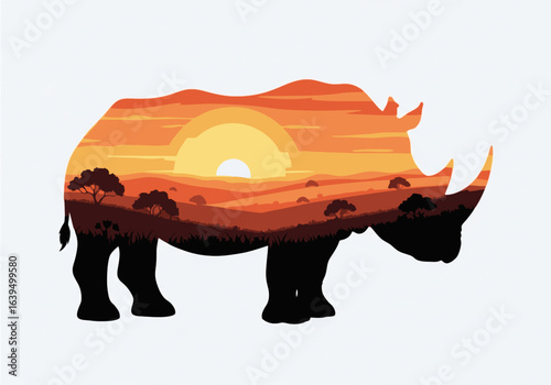 African rhinoceros wildlife silhouette with a vibrant double exposure sunset over the savanna
