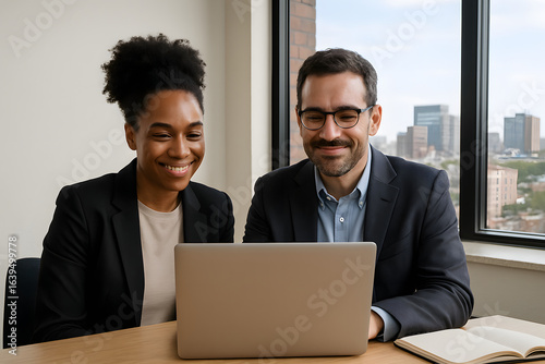 Two professionals working together on laptop in office