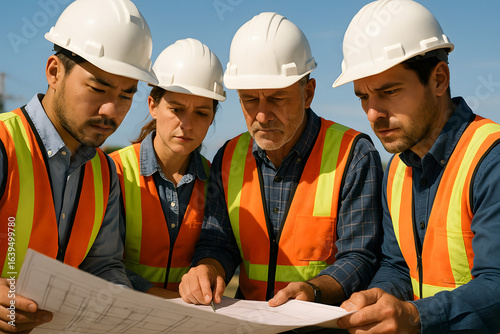 Four construction workers measuring at building site