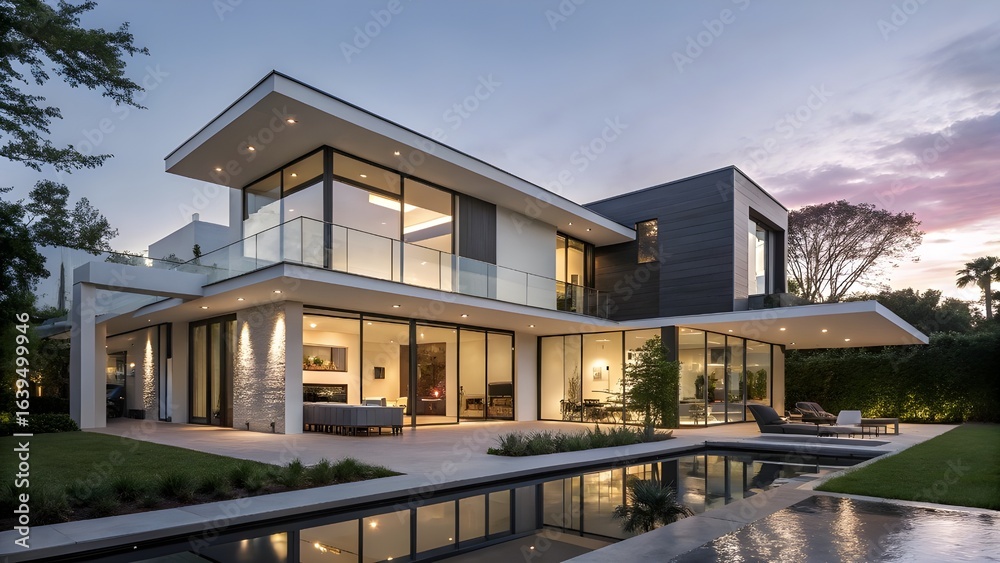 Fototapeta premium Luxury Modern House Exterior with Glass Walls and Pool at Sunset