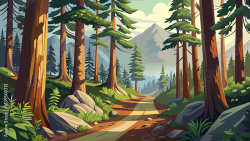 A picture of a Pacific Northwest forest trail, winding beneath towering evergreens, sunlight streaming through moss-covered branches, guiding footsteps past ferns, wildflowers, and the tranquil whispe