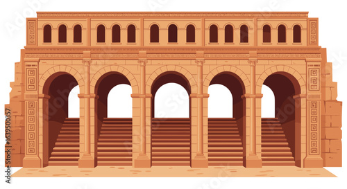 Ancient stone building with arches and stairs in historical style, amphitheater, for architects, historians and educational materials on ancient architecture