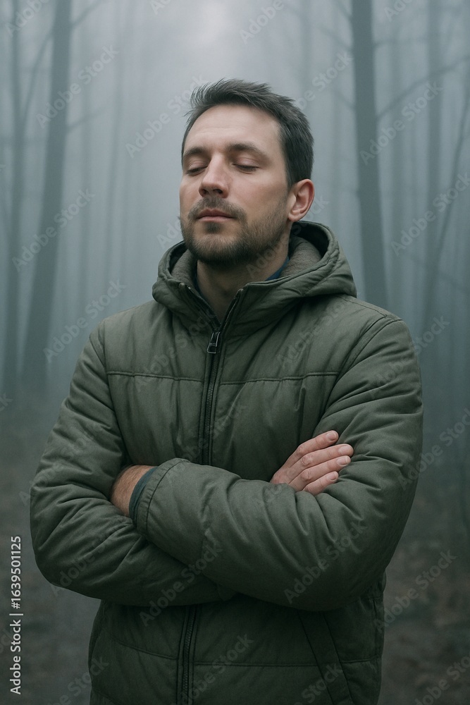 Fototapeta premium Man doing a mindful breathing exercise in a foggy autumn forest