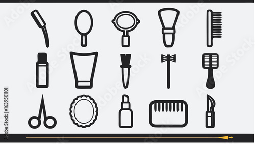 Illustration of various beauty and grooming tools including brushes mirrors and containers in black outline |  editable eps vectors silhouette