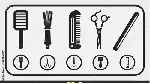 Illustration of various black and white hairdressing tools including combs brushes and scissors in a frame |  editable eps vectors silhouette