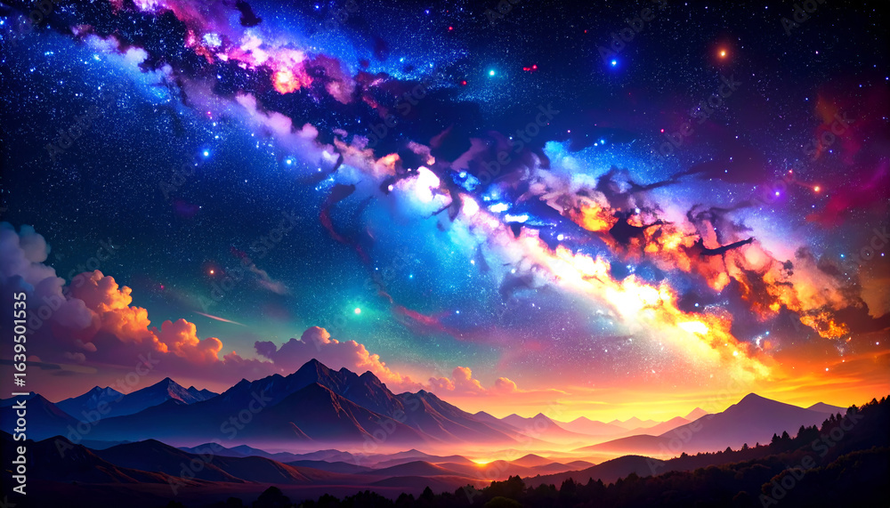 Fototapeta premium Colorful Galaxy Over Mountains.