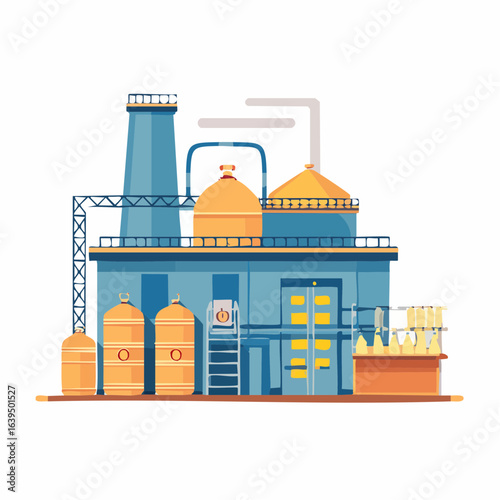 酒類製造工場の日本酒樽や瓶詰め生産ラインイラスト