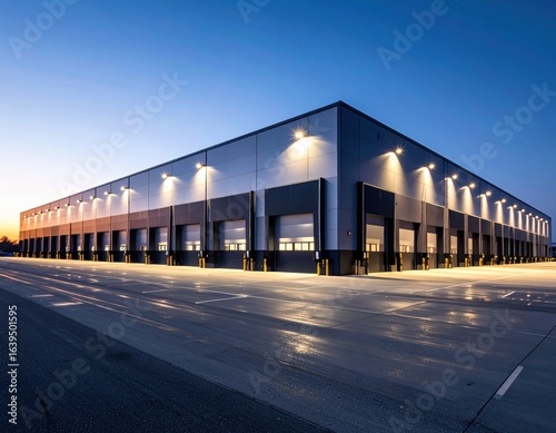 Modern industrial warehouse exterior at dusk with illuminated facade and clear sky